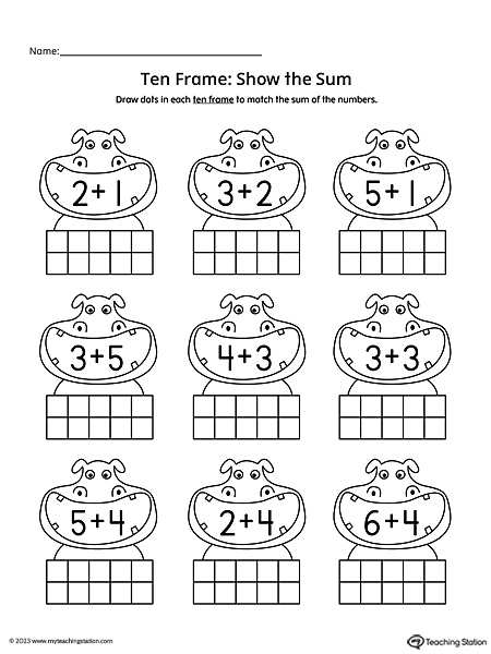 First grade math worksheet showing ten frames with counters for adding numbers within 20