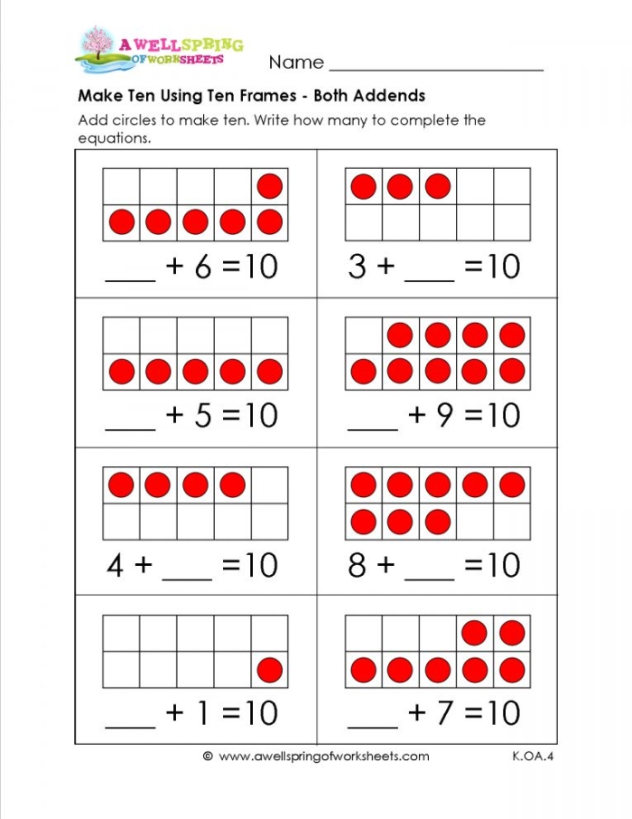 First grade math worksheet showing ten frame addition problems with visual dot representations for adding numbers within 20