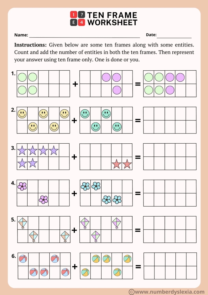 Ten Frame Worksheet Image 16 for Early Childhood Math Practice Pre-K student working on a ten frame worksheet to learn counting skills