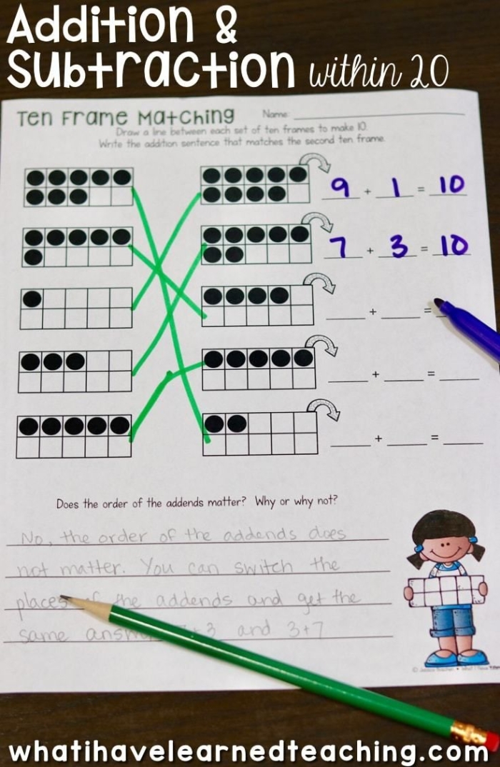 First-grade worksheet illustrating subtracting within 20 using ten frames