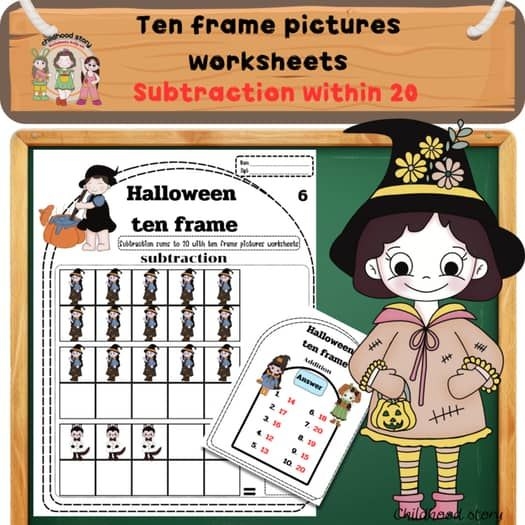 First grade math worksheet for subtracting numbers within 20 using ten frames