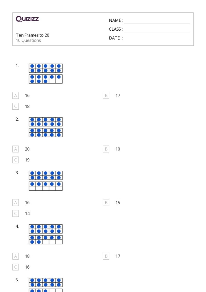 First grade math worksheet for subtracting within 20 using ten frames