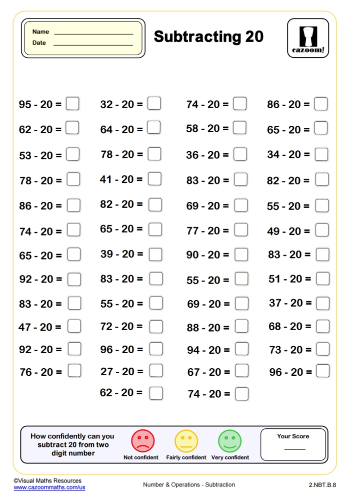 First-grade math worksheet for subtracting within 20 using ten frames