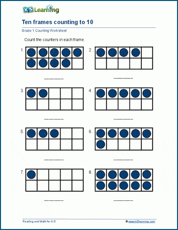 First grade math worksheet for subtracting within 20 using ten frames 19