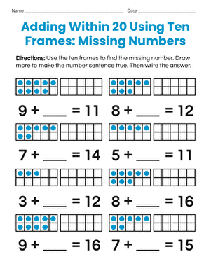 First grade math worksheet for practicing addition within 20 using ten frames