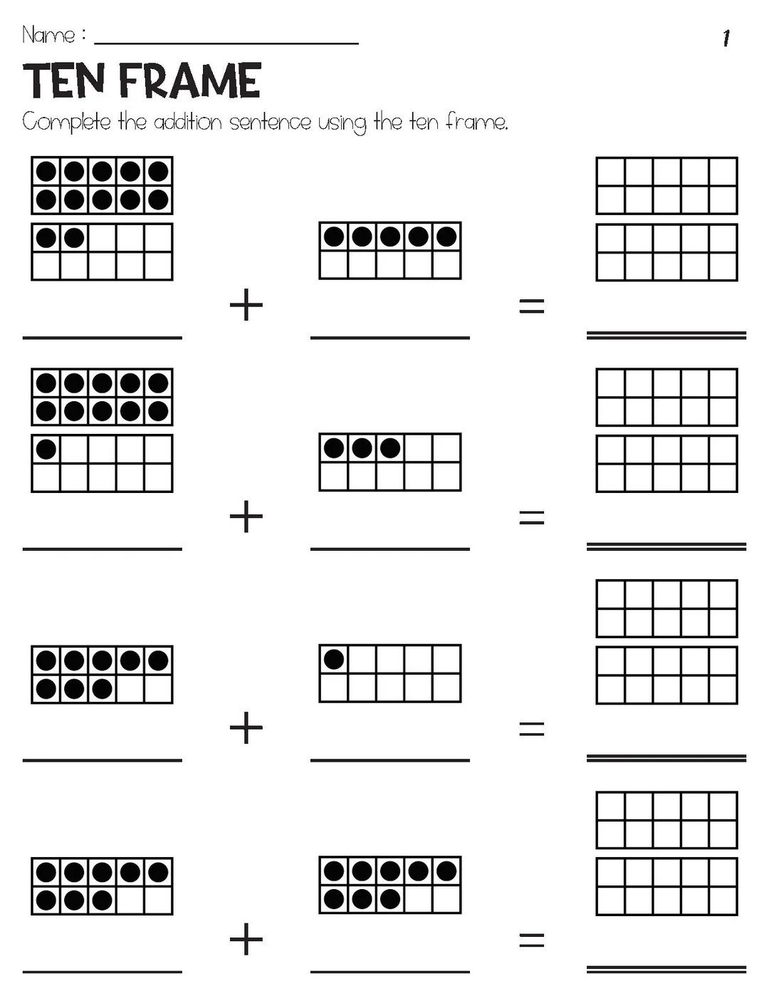 Ten frames addition practice for finding missing numbers up to 20 worksheet image 19 First grade math worksheet showing ten frames with missing addends for sums within 20