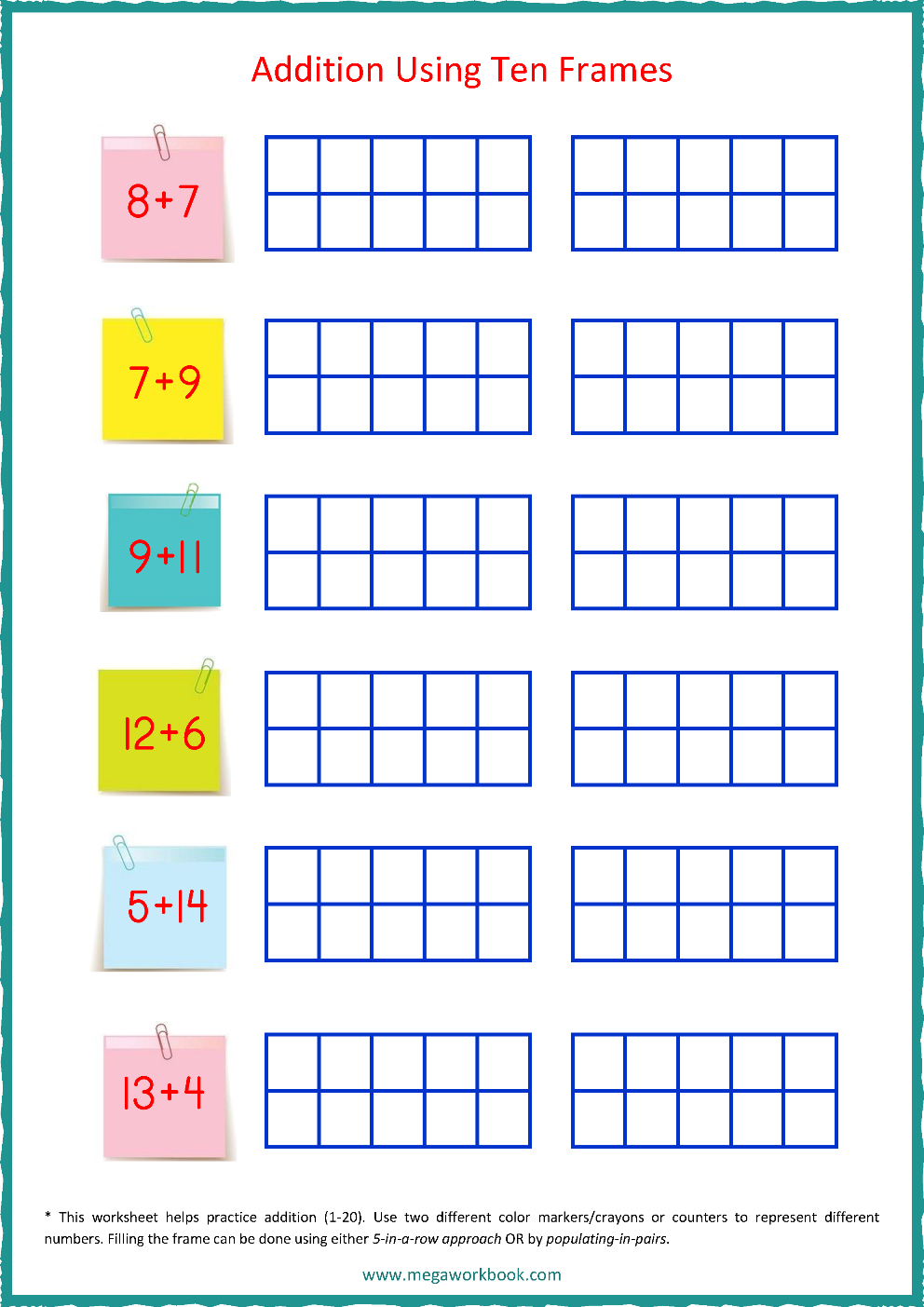 Adding Within 20 Using Ten Frames Missing Numbers Practice Sheet 21 First grade math worksheet showing ten frame diagrams with missing addends for sums within 20