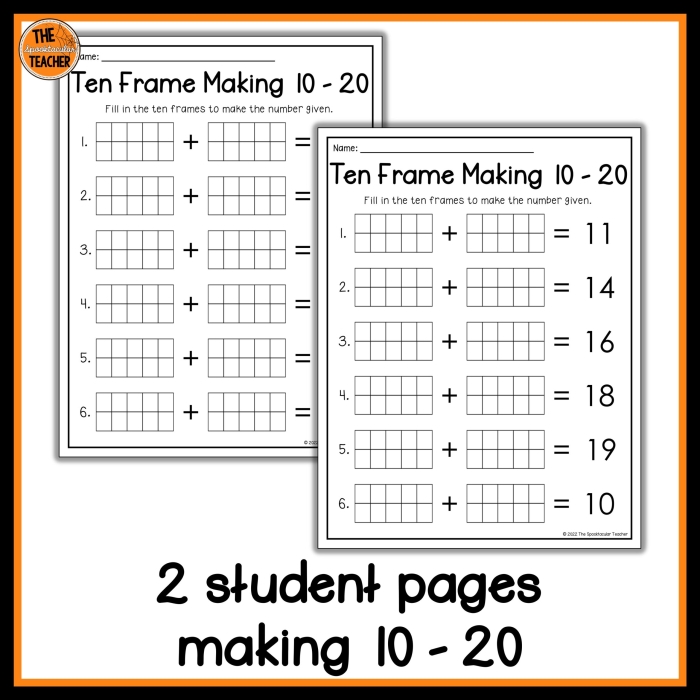 Image 16: Ten Frame Addition Practice with Missing Numbers Activity First grade math worksheet showing ten frames with missing addends for sums within 20