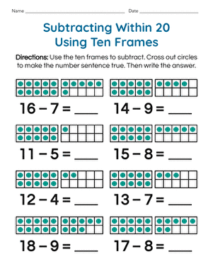 First grade math worksheet for subtracting numbers up to 20 using ten frames