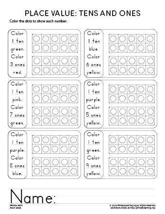 First grade student working on a tens and ones place value practice sheet