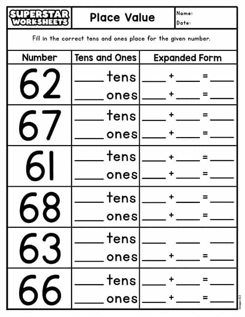 First grade math worksheet focusing on tens and ones place value practice
