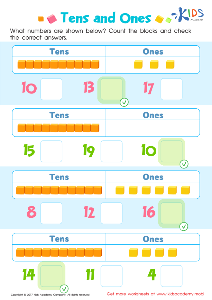 Tens and Ones worksheet for first graders focusing on place value concepts