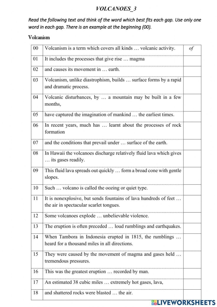 Colorful worksheet for kindergartners about volcanoes with cut-and-paste activities