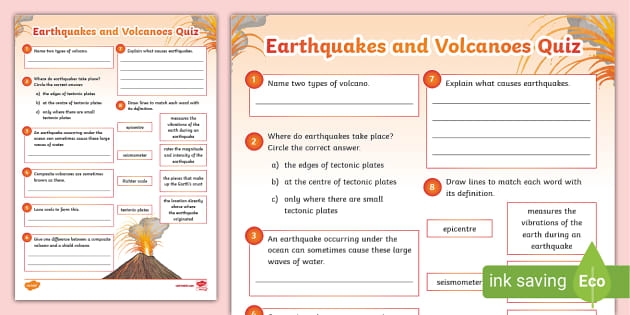 Colorful worksheet for kindergarteners to learn about volcano parts with cut-and-paste activities
