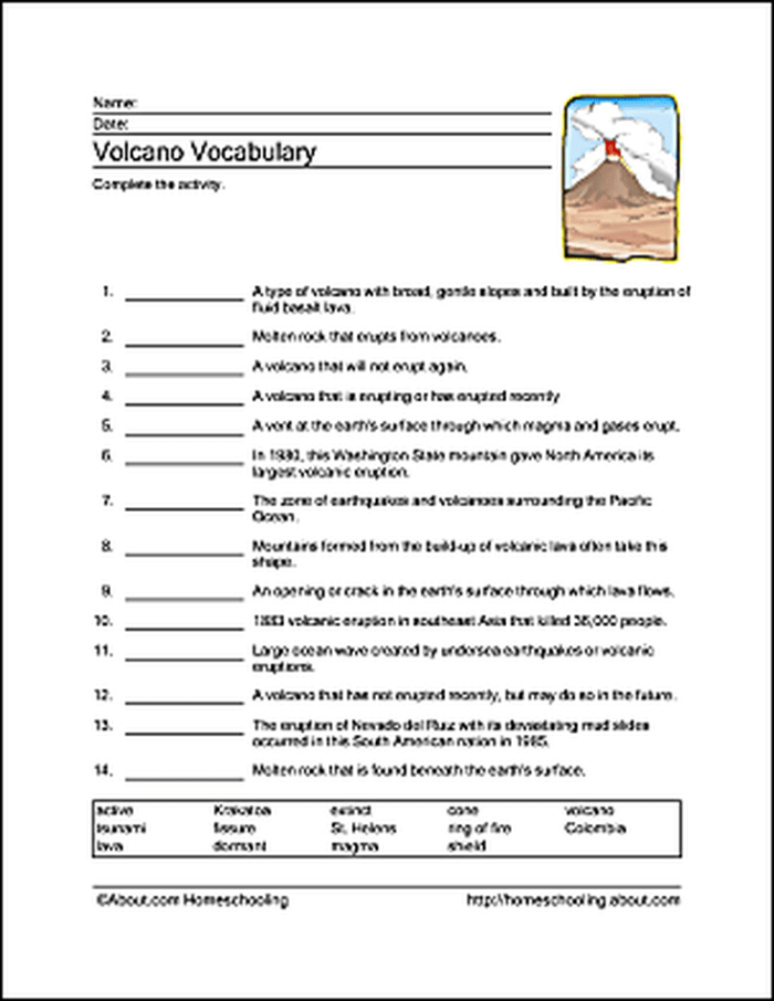 Colorful worksheet for kindergartners to learn about volcano parts through cut-and-paste activities
