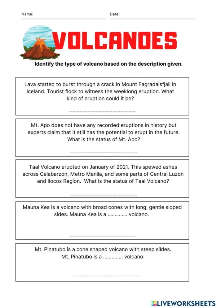 Colorful cut-and-paste worksheet for preschoolers about volcano parts