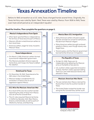 Texas Annexation Timeline worksheet illustrating key events in the territory's transition to statehood