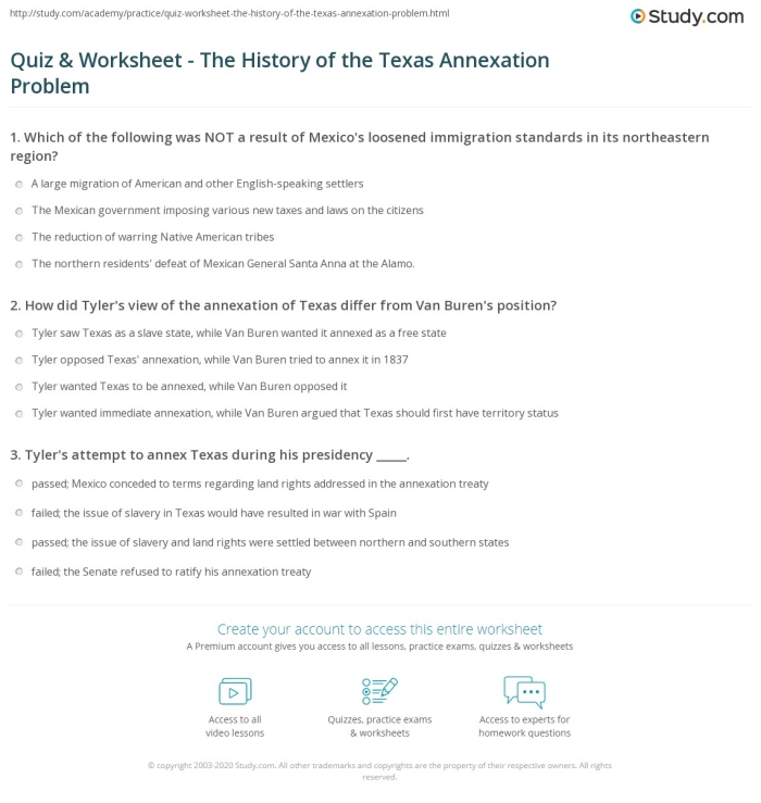 Texas Annexation Timeline worksheet illustrating key events in the territory's history