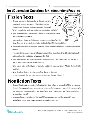 Worksheet featuring text dependent questions for independent reading activities Text dependent questions for third graders to enhance reading comprehension skills