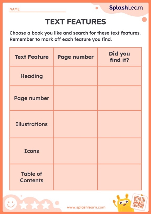 Third grade student completing a text feature descriptions vocabulary worksheet
