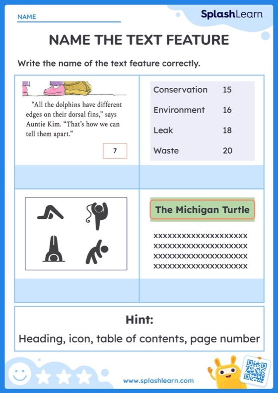 Text Feature Descriptions worksheet for third-grade vocabulary practice
