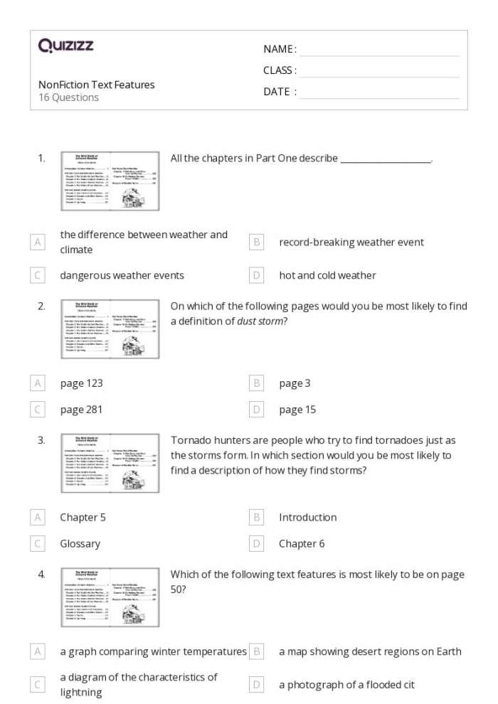 A third grade student worksheet page showing text about kangaroos with labeled text features like headings and images that help readers understand the information