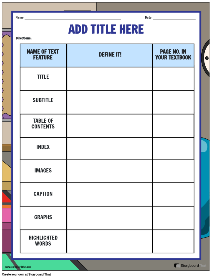 Text Feature Descriptions worksheet for third graders focusing on vocabulary skills
