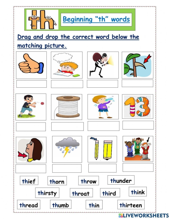 Engaging TH sound worksheet for preschool and early elementary students Worksheet featuring activities for identifying words that begin with the th sound for young learners