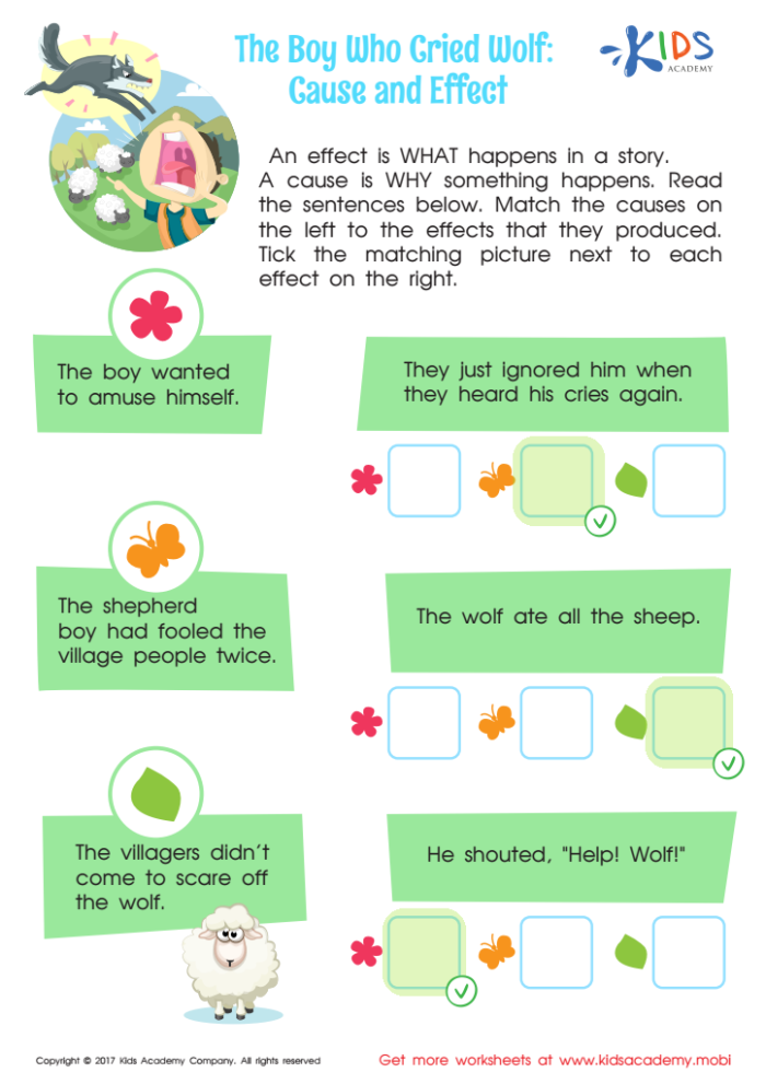 Worksheet for predicting and comprehending "The Boy Who Cried Wolf" for second graders