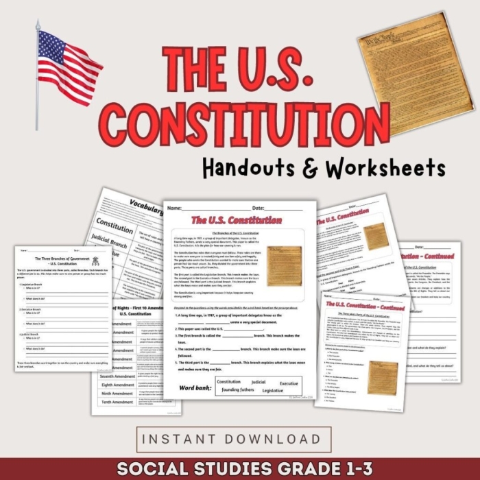 Fourth grade student filling out a printable Constitution worksheet focused on handwriting skills
