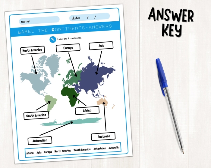 Word scramble worksheet showing scrambled letters for continent names with answer blanks for third grade students learning geography