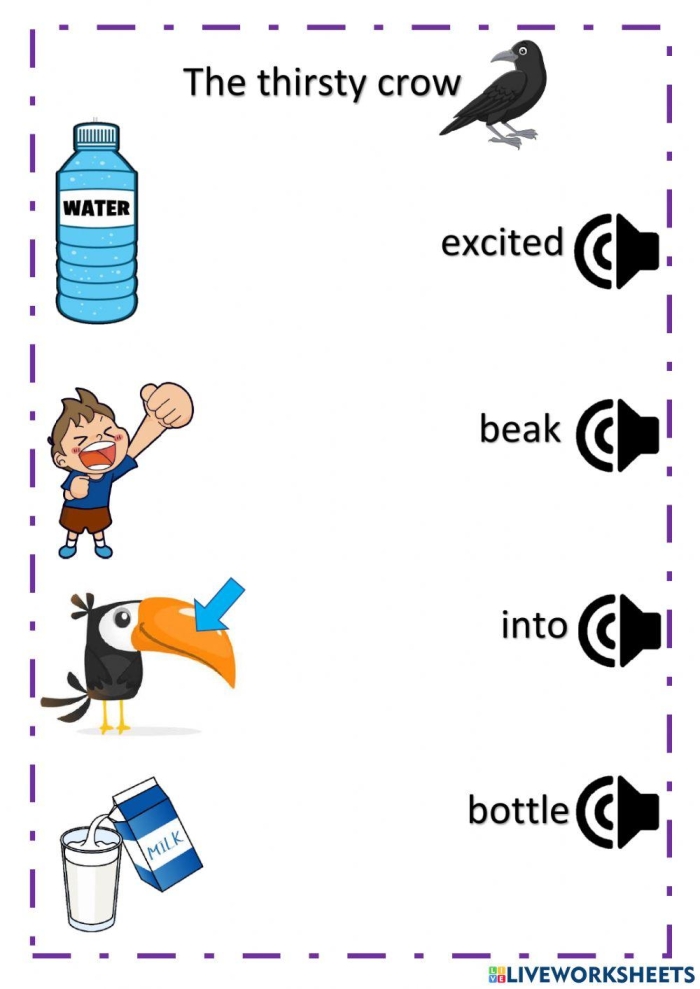 Worksheet featuring The Crow and the Jug for second grade algebra students