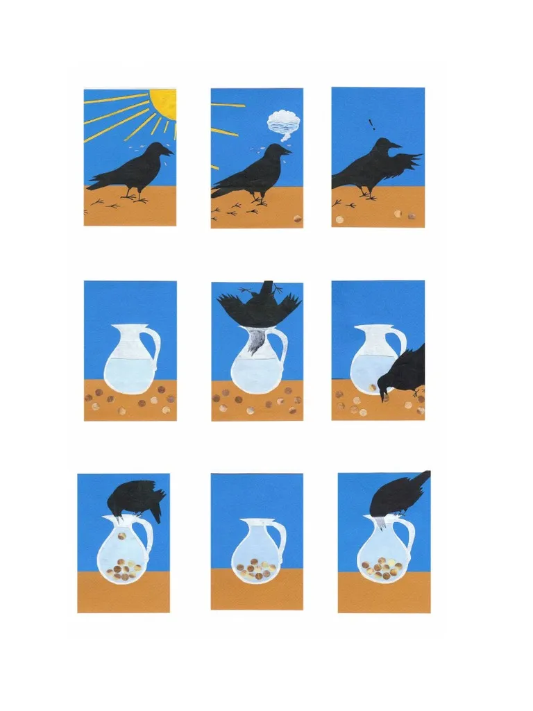 A colorful illustration depicting the story of The Crow and the Jug for second-grade students