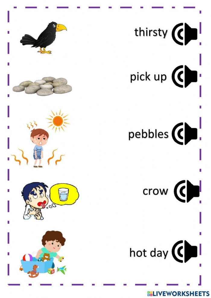 A colorful illustration depicting the story of The Crow and the Jug for second graders' comprehension practice