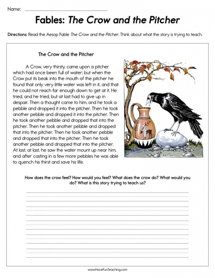 Worksheet featuring The Crow and the Jug for second-grade algebra students