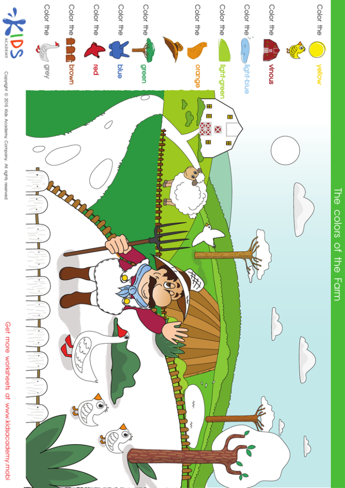 A first-grade worksheet featuring a coloring activity based on the fable "The Farmer and his Son