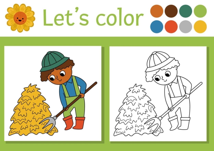 First grade worksheet featuring a coloring page scene from The Farmer and his Son fable