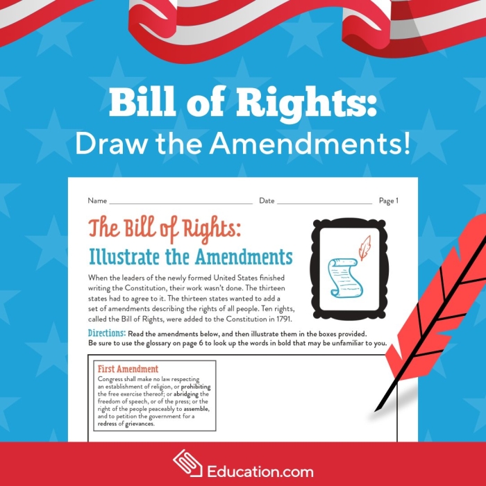 The First Ten Amendments: Description Match-Up worksheet for Fifth Grade