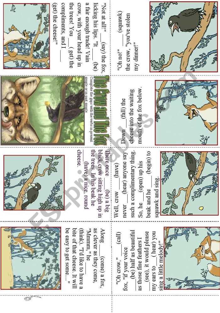 A second grade worksheet featuring The Fox and the Crow fable for mixed operations practice