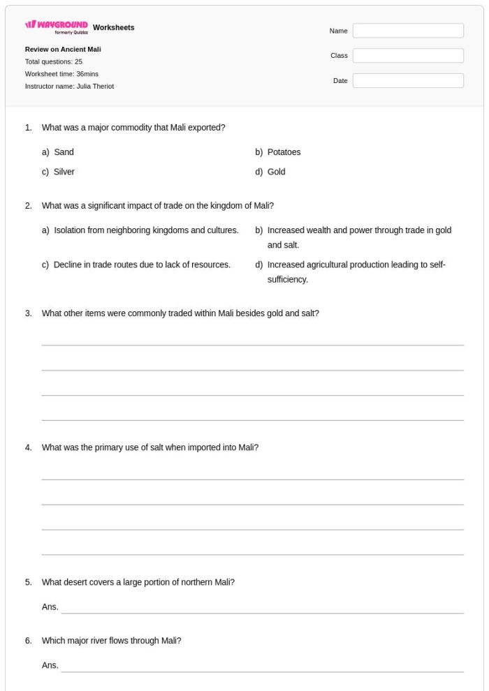 Sixth grade worksheet featuring a historical passage and fraction problems about the gold and salt trade in West Africa