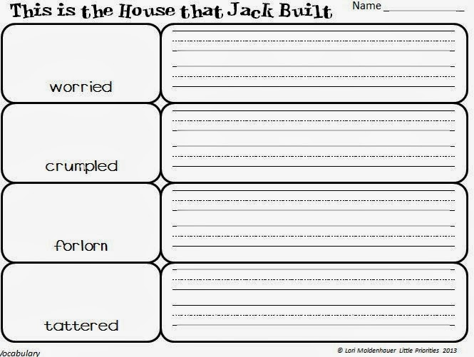 Worksheet for reading comprehension based on the classic nursery rhyme "The House that Jack Built Illustration of a worksheet featuring "The House that Jack Built" for kindergarten students