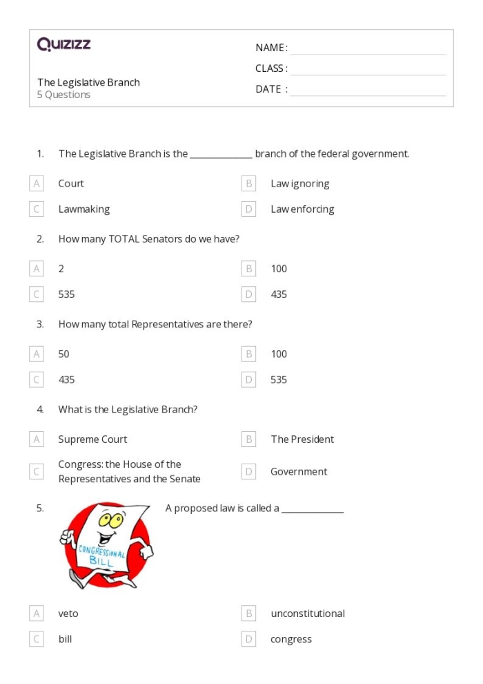 Sixth grade students completing a graphic organizer worksheet about the legislative branch of government
