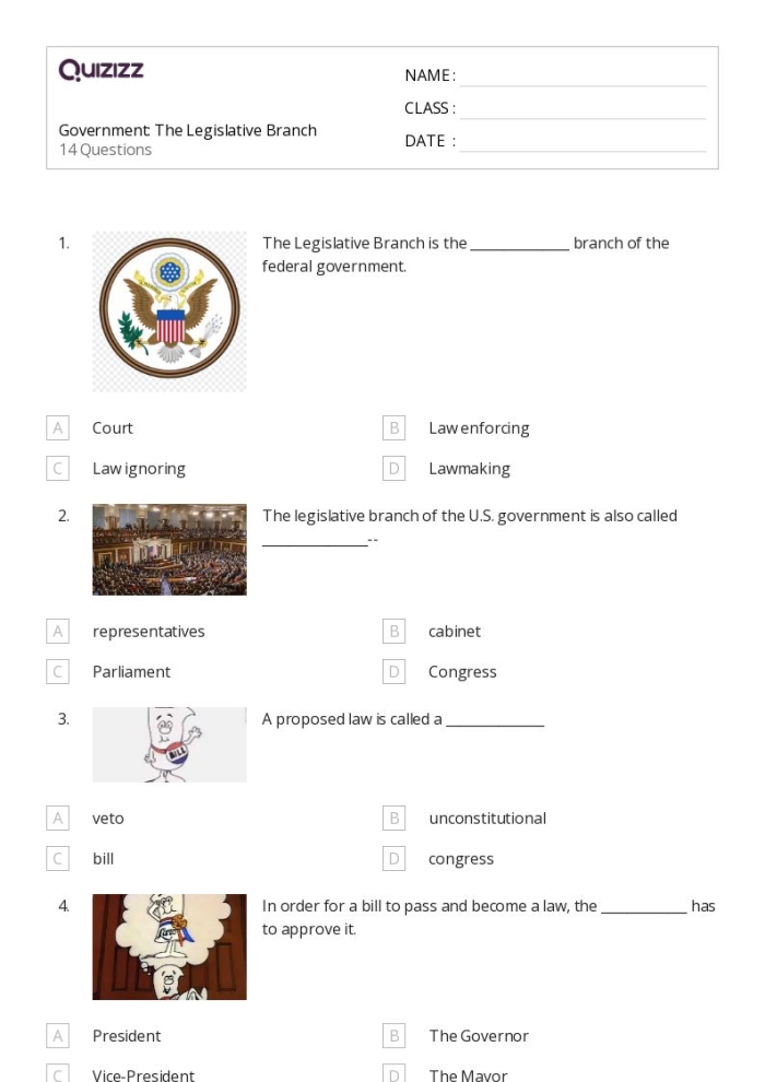 Sixth grade students completing a graphic organizer about the powers and responsibilities of the federal legislative branch