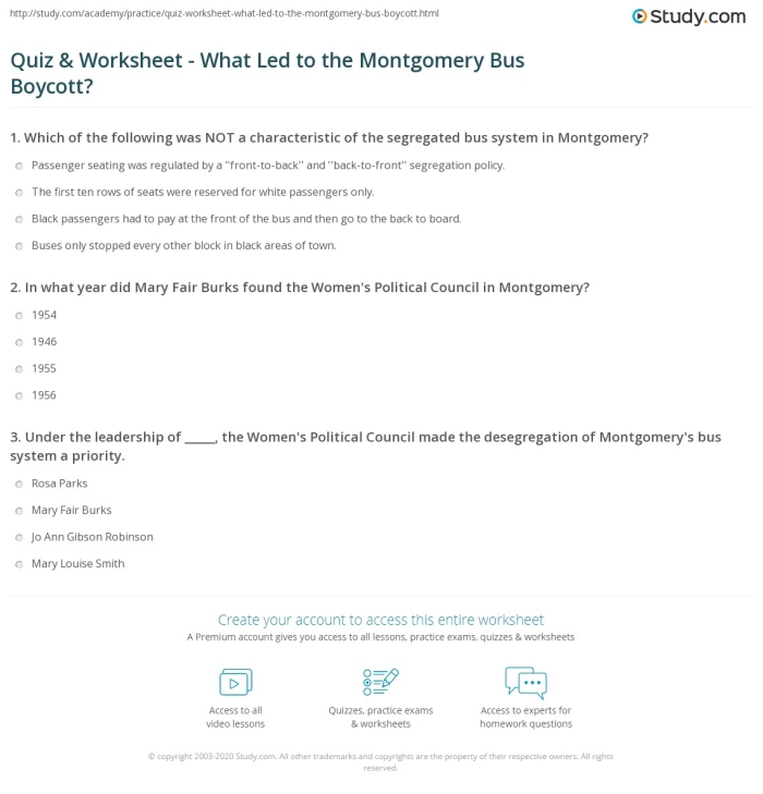 The Montgomery Bus Boycott worksheet for Fourth Grade