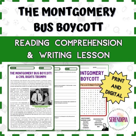 Fourth grade geography worksheet featuring a historical reading passage about the Montgomery Bus Boycott