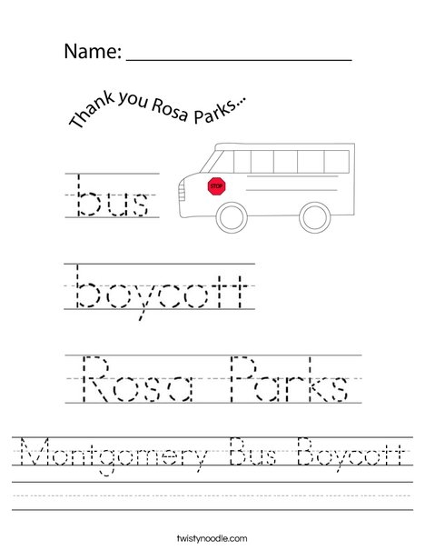Fourth grade student worksheet featuring an illustrated history lesson about the Montgomery Bus Boycott