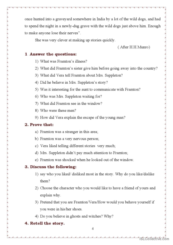 Eighth grade reading comprehension worksheet featuring The Open Window by Saki
