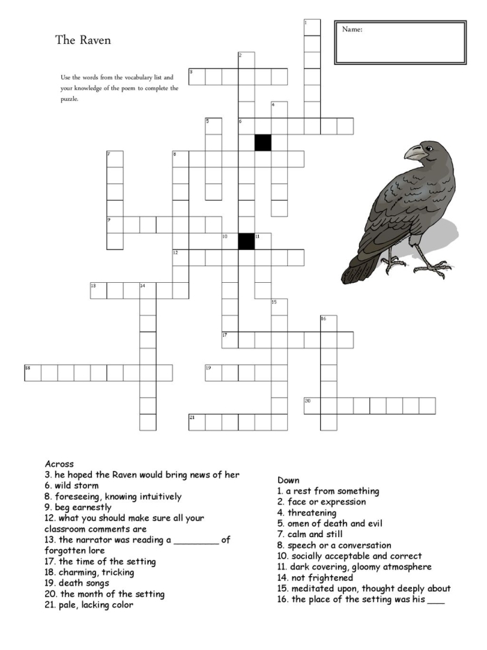 The Raven spooky poetry worksheet for elementary students with math and reading comprehension exercises Fifth grade Halloween worksheet featuring Edgar Allan Poe's The Raven poem with vocabulary and mixed operations activities