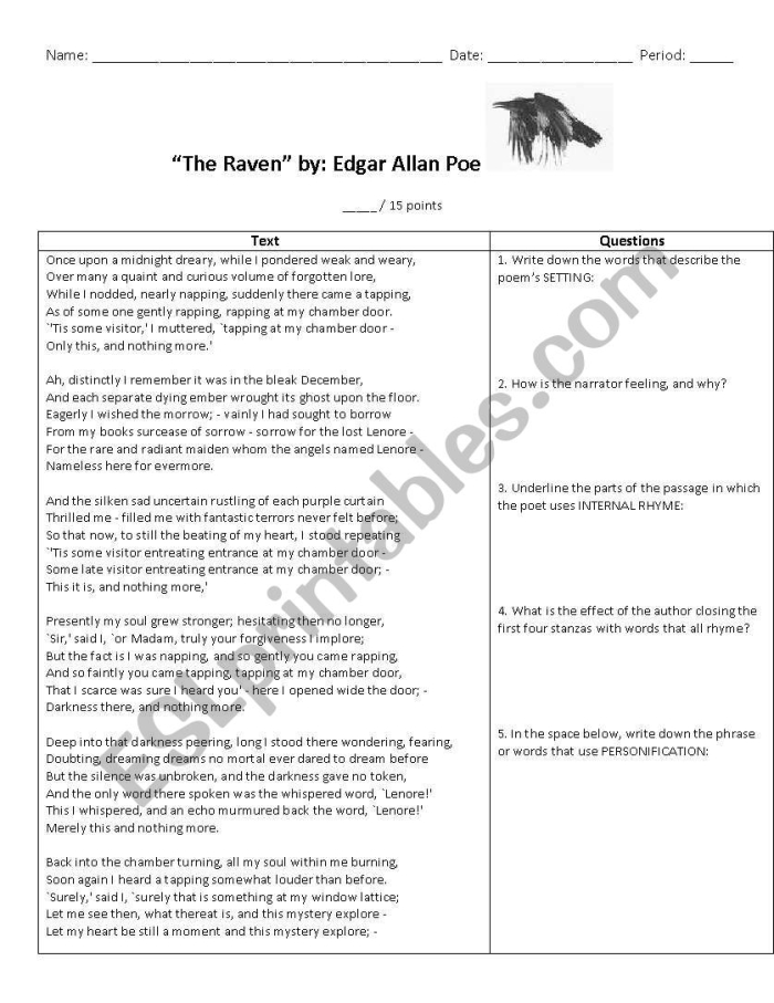 The Raven worksheet number 18 featuring spooky vocabulary and mixed operations math problems Fifth grade students completing a Halloween themed The Raven mixed operations math worksheet