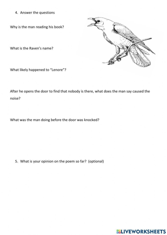 The Raven Literature Worksheet Activity 4 for Elementary Students Fifth grade Halloween worksheet featuring vocabulary exercises from Edgar Allan Poe's The Raven with mixed operations activities